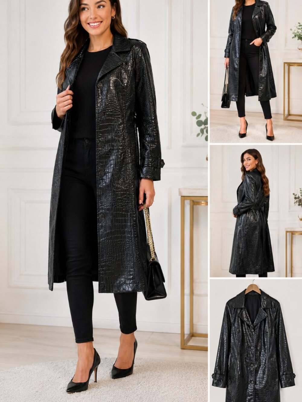 FU DA New York Black Faux Leather Trench Coat Size M | Croc Texture Gothic Y2K J